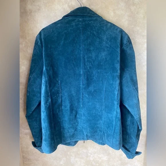 Coldwater Creek Teal Leather Suede Zip Front Jacket Cuffed Sleeves Collared PXL - Picture 2 of 7